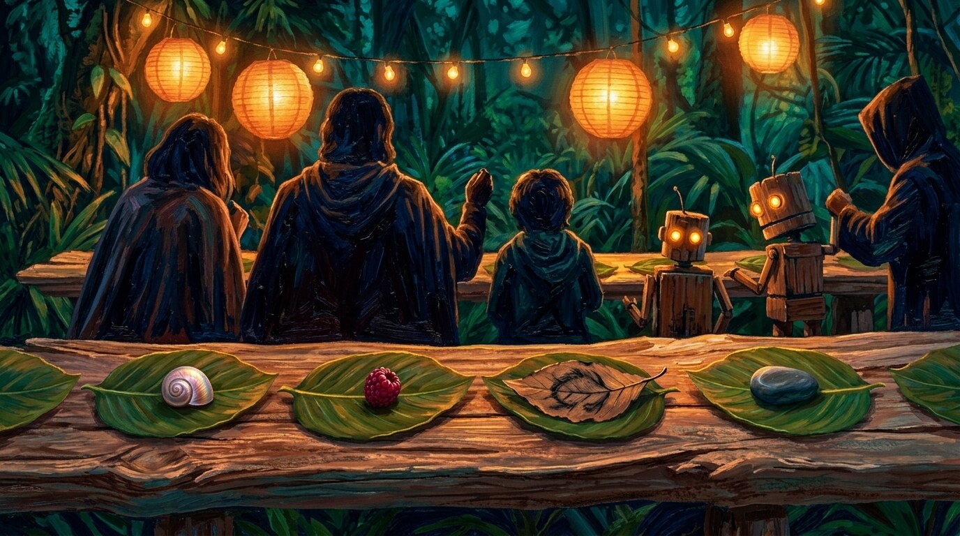 A family and wooden robots share a feast under lanterns