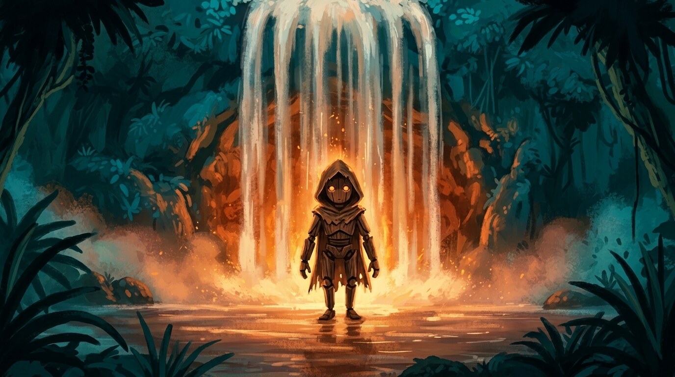 A warm glow behind the waterfall