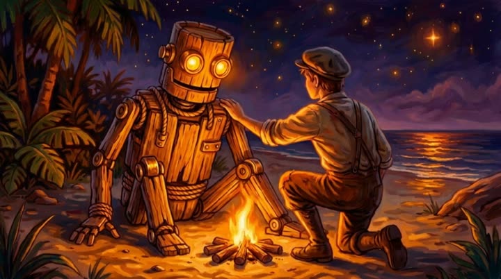 The first robot's eyes light