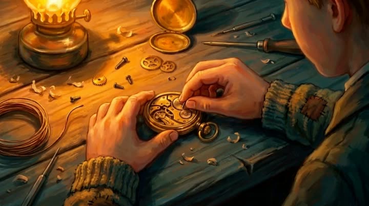A boy's hands at work on a pocket watch
