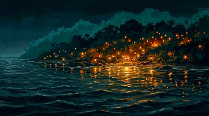 An island of lanterns, lit