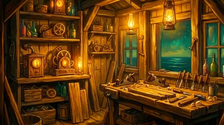 The workshop, lit and alive